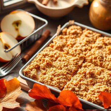 Golden brown apple dessert bars cut into squares