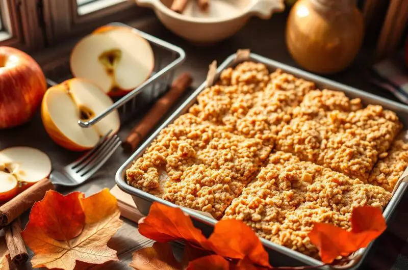 Golden brown apple dessert bars cut into squares