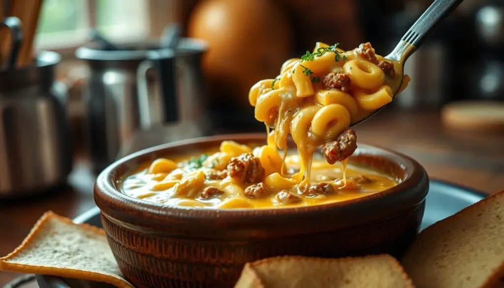 Cheesy Macaroni Burger Soup