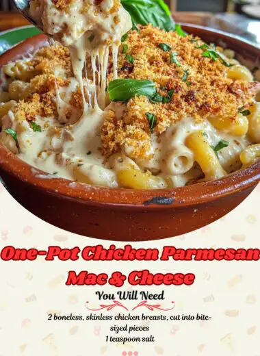 Overhead view of One-Pot Chicken Parmesan Mac & Cheese in a white bowl, garnished with fresh basil