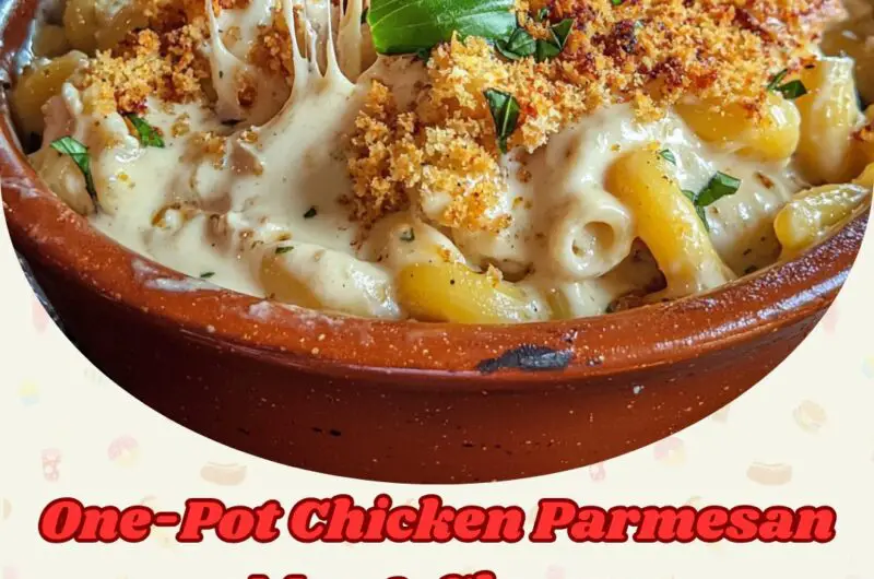 Overhead view of One-Pot Chicken Parmesan Mac & Cheese in a white bowl, garnished with fresh basil