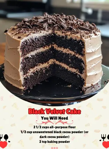 A slice of Black Velvet Cake on a white plate, garnished with chocolate shavings