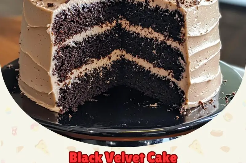 A slice of Black Velvet Cake on a white plate, garnished with chocolate shavings
