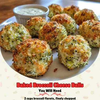 Golden brown baked broccoli cheese balls served on a white plate with a dipping sauce