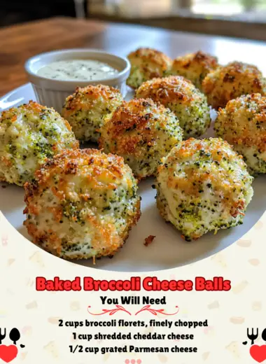 Golden brown baked broccoli cheese balls served on a white plate with a dipping sauce