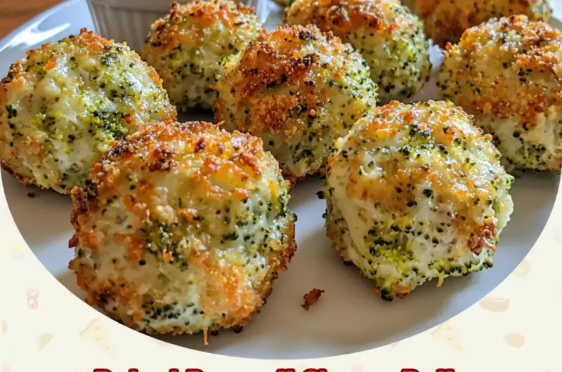 Golden brown baked broccoli cheese balls served on a white plate with a dipping sauce