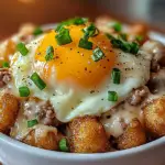 A delicious Tater Tot Breakfast Bowl with Sausage Gravy, featuring crispy golden tater tots, rich and creamy sausage gravy, fluffy scrambled eggs, and melted cheddar cheese, served in a simple white bowl. The background is softly blurred with natural kitchen lighting, emphasizing the vibrant textures and inviting presentation