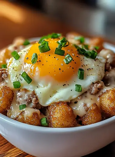 A delicious Tater Tot Breakfast Bowl with Sausage Gravy, featuring crispy golden tater tots, rich and creamy sausage gravy, fluffy scrambled eggs, and melted cheddar cheese, served in a simple white bowl. The background is softly blurred with natural kitchen lighting, emphasizing the vibrant textures and inviting presentation