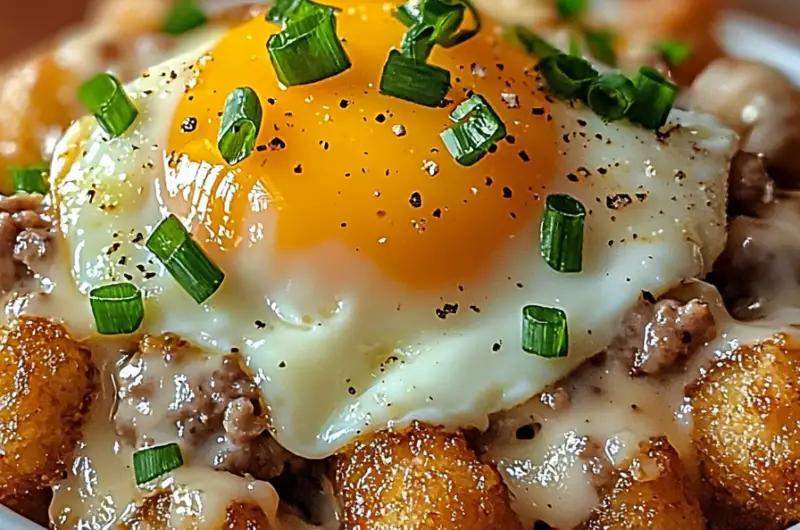 A delicious Tater Tot Breakfast Bowl with Sausage Gravy, featuring crispy golden tater tots, rich and creamy sausage gravy, fluffy scrambled eggs, and melted cheddar cheese, served in a simple white bowl. The background is softly blurred with natural kitchen lighting, emphasizing the vibrant textures and inviting presentation