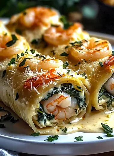 A freshly prepared Shrimp and Spinach Stuffed Pasta Rolls recipe, topped with marinara sauce and melted cheese on a white plate.