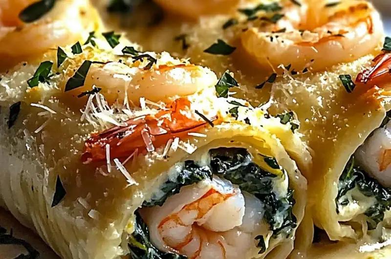 A freshly prepared Shrimp and Spinach Stuffed Pasta Rolls recipe, topped with marinara sauce and melted cheese on a white plate.