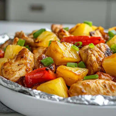 Easy and flavorful Hawaiian BBQ Chicken and Pineapple Foil Packets recipe, perfect for grilling or oven baking