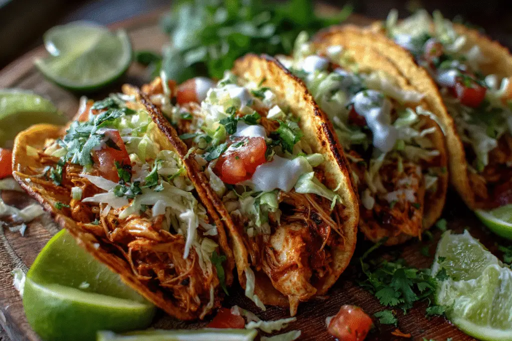 A vibrant platter of perfectly baked chicken tacos, shells golden and crispy, generously filled with seasoned shredded chicken and topped with fresh salsa, cilantro, and cheese.