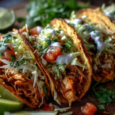 A vibrant platter of perfectly baked chicken tacos, shells golden and crispy, generously filled with seasoned shredded chicken and topped with fresh salsa, cilantro, and cheese.