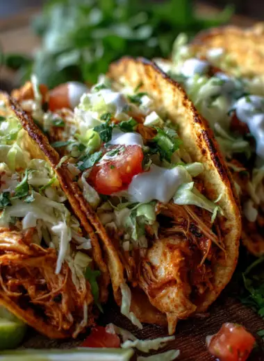 A vibrant platter of perfectly baked chicken tacos, shells golden and crispy, generously filled with seasoned shredded chicken and topped with fresh salsa, cilantro, and cheese.