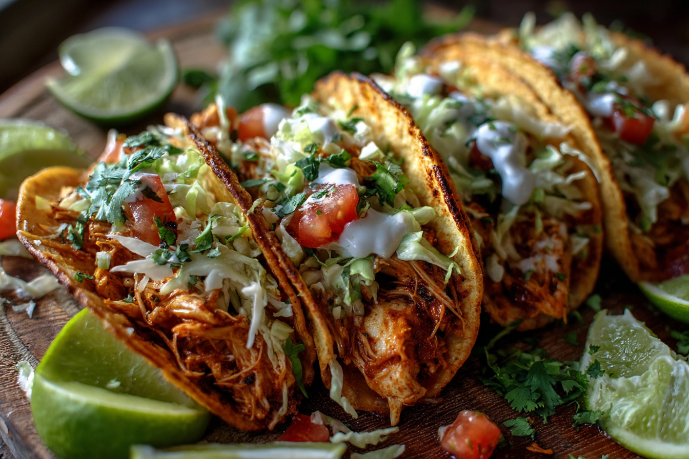 A vibrant platter of perfectly baked chicken tacos, shells golden and crispy, generously filled with seasoned shredded chicken and topped with fresh salsa, cilantro, and cheese.