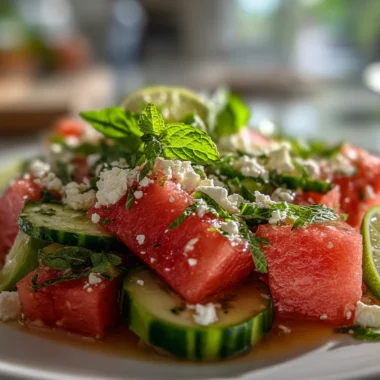 A freshly prepared Watermelon Cucumber Salad with Feta recipe with mint and lime, served on a white plate.