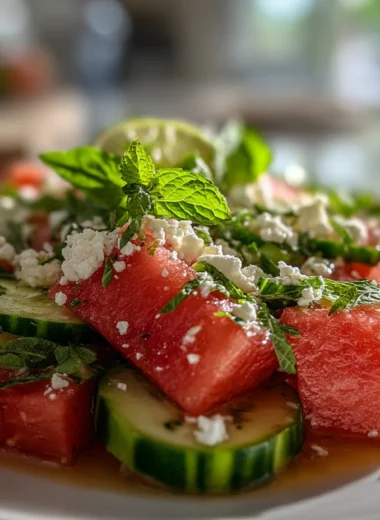 A freshly prepared Watermelon Cucumber Salad with Feta recipe with mint and lime, served on a white plate.