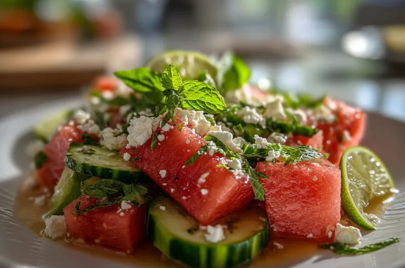 A freshly prepared Watermelon Cucumber Salad with Feta recipe with mint and lime, served on a white plate.