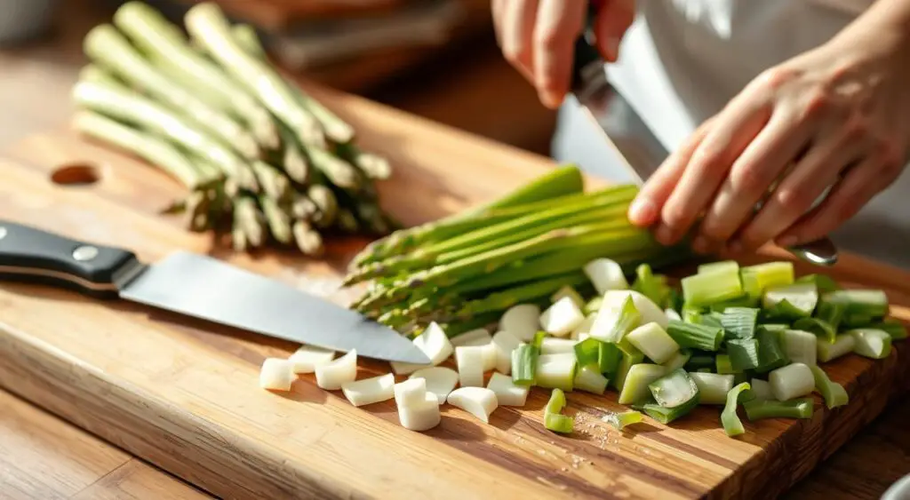 preparing asparagus and leeks for casserole