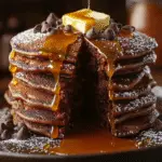 Overhead view of Chocolate Pancakes with Caramel Drizzle on a black plate