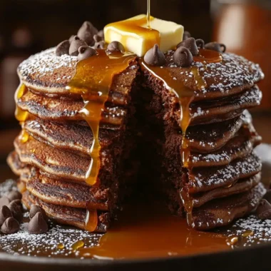 Overhead view of Chocolate Pancakes with Caramel Drizzle on a black plate