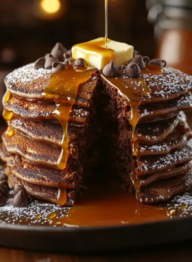 Overhead view of Chocolate Pancakes with Caramel Drizzle on a black plate