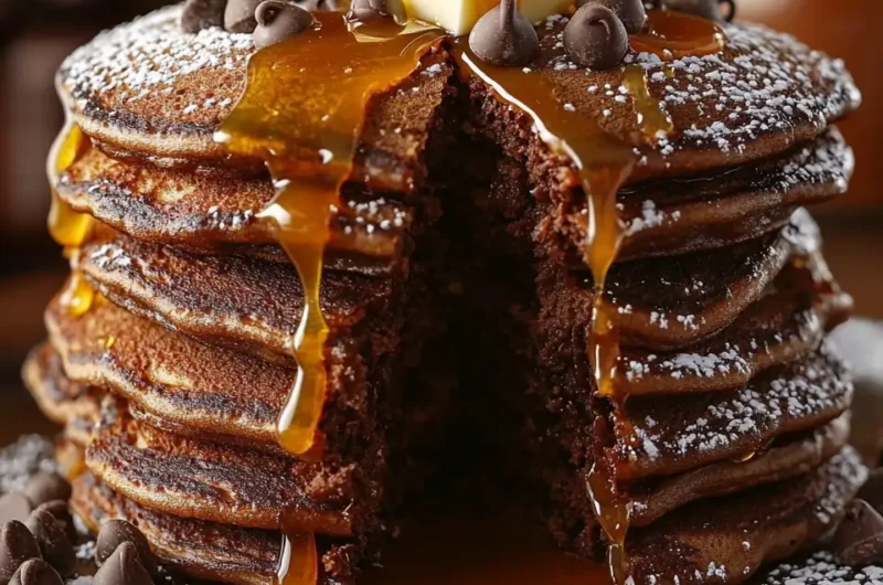Overhead view of Chocolate Pancakes with Caramel Drizzle on a black plate