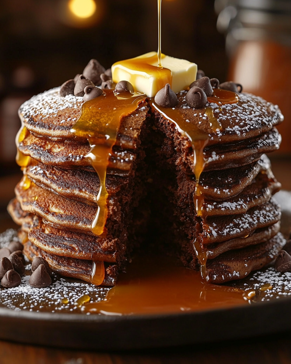 Overhead view of Chocolate Pancakes with Caramel Drizzle on a black plate