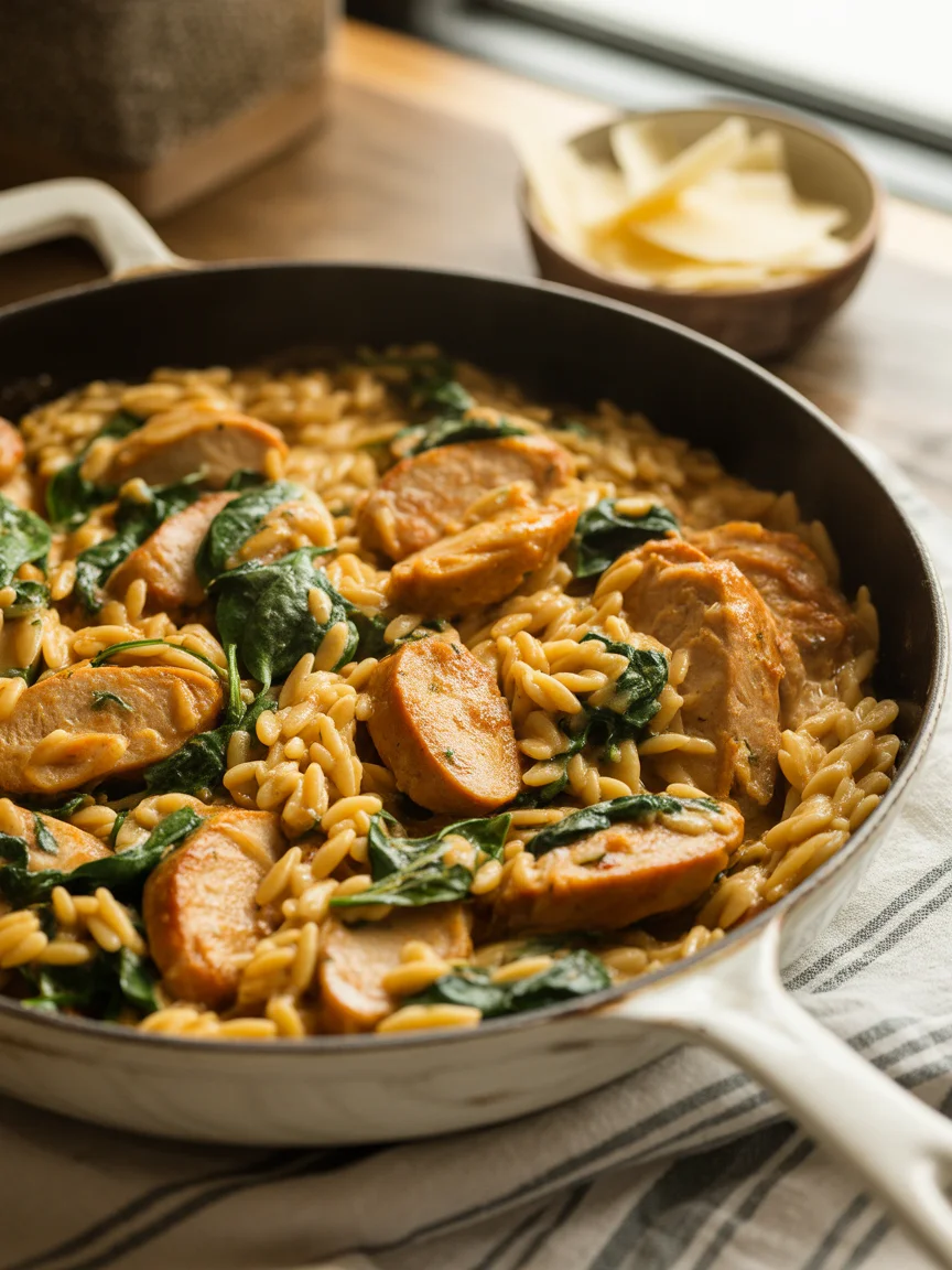 Savory Chicken Sausage and Broccoli Orzo Skillet Dinner
