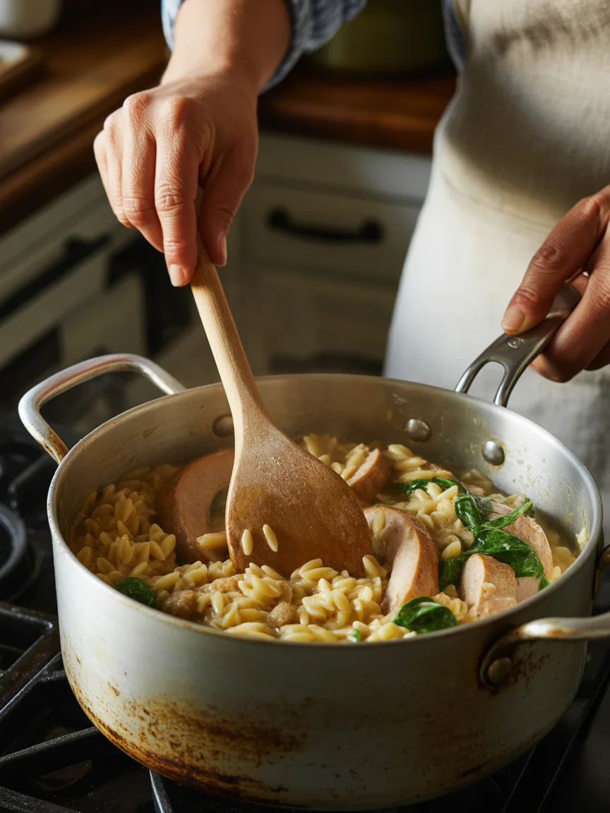 Savory Chicken Sausage and Broccoli Orzo Skillet Dinner