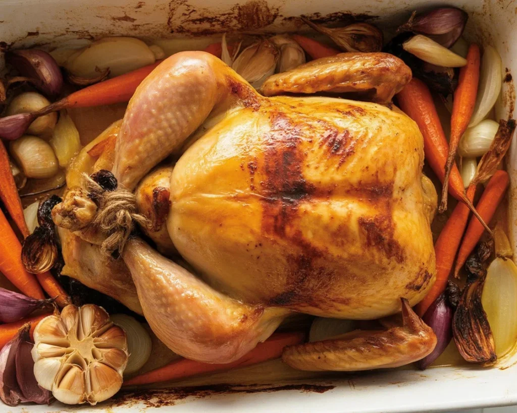 Perfectly roasted chicken with golden crispy skin, garlic, and herbs.