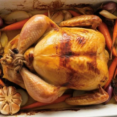 Perfectly roasted chicken with golden crispy skin, garlic, and herbs.