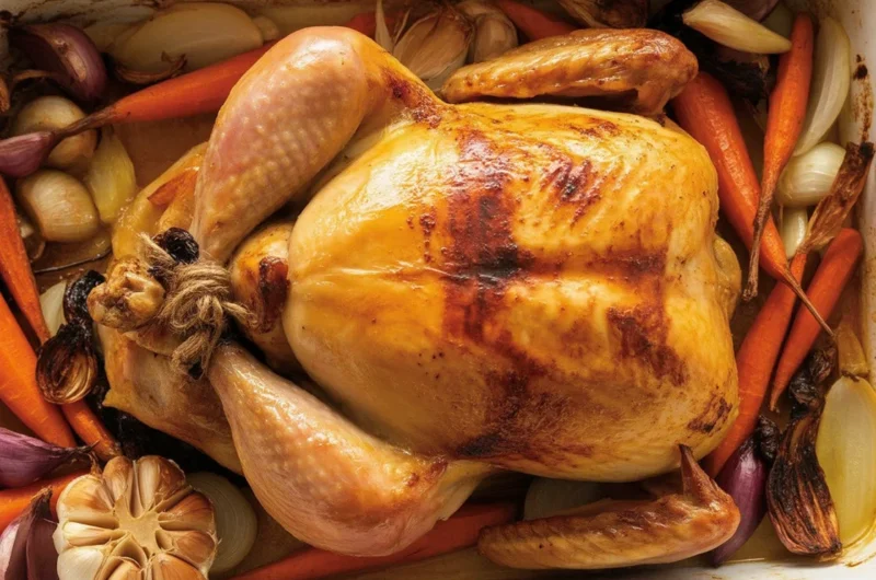 Perfectly roasted chicken with golden crispy skin, garlic, and herbs.
