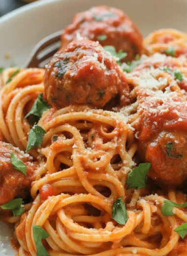 Delicious plate of spaghetti and meatballs with homemade marinara sauce