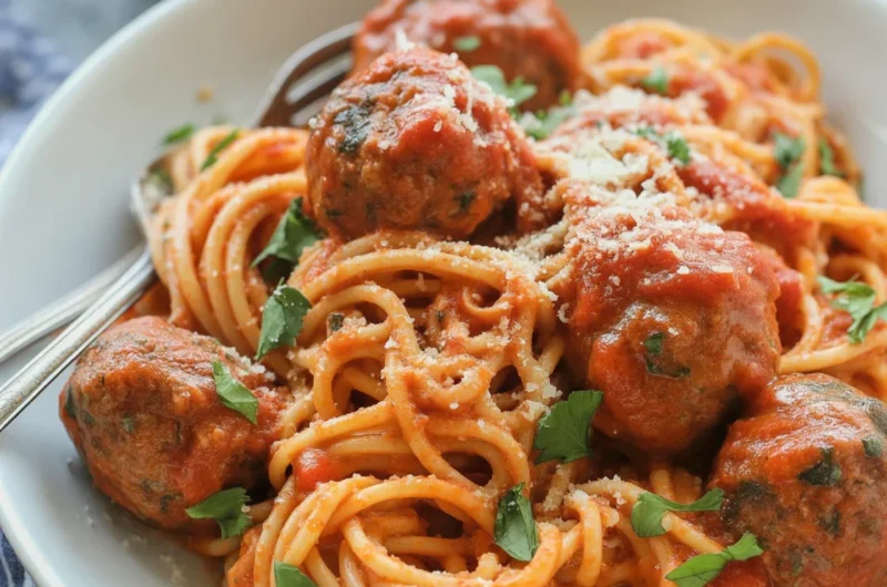 Delicious plate of spaghetti and meatballs with homemade marinara sauce