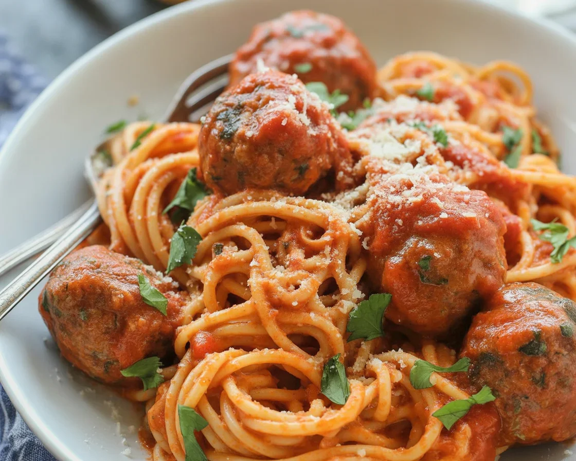 Delicious plate of spaghetti and meatballs with homemade marinara sauce