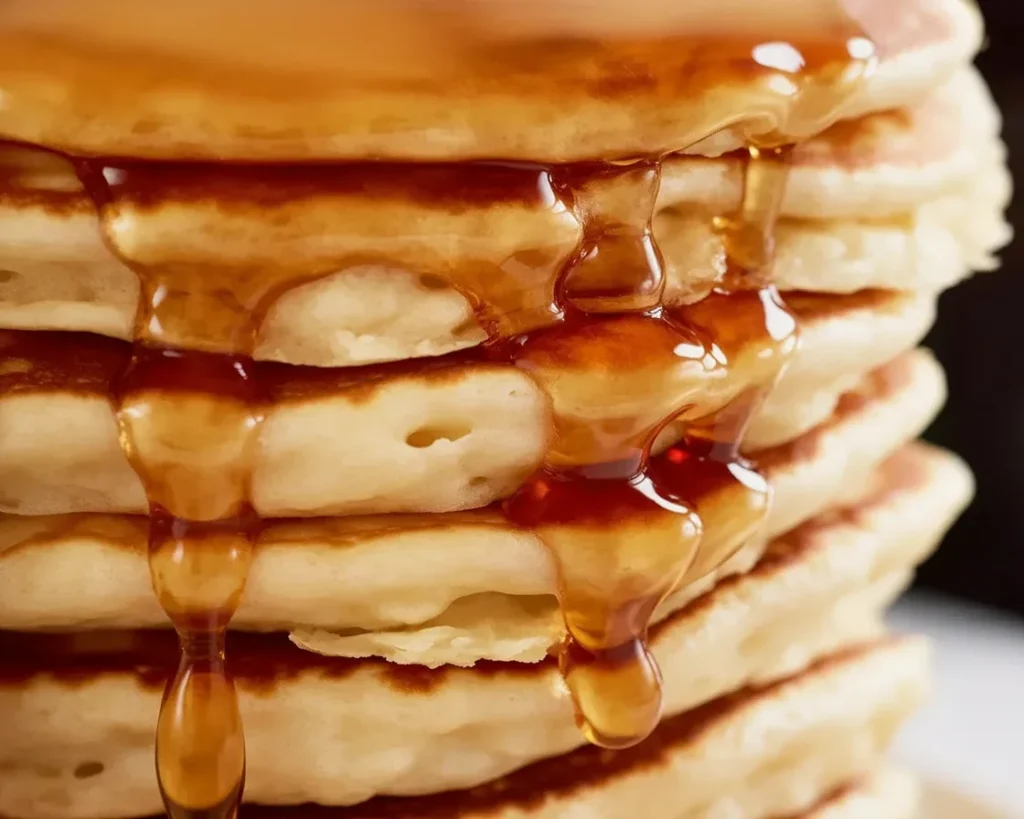 Stack of fluffy pancakes served with syrup and berries on a plate.