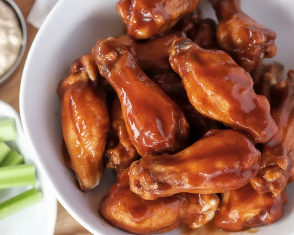Crispy Buffalo Wings served with tangy sauce and blue cheese dipping sauce.
