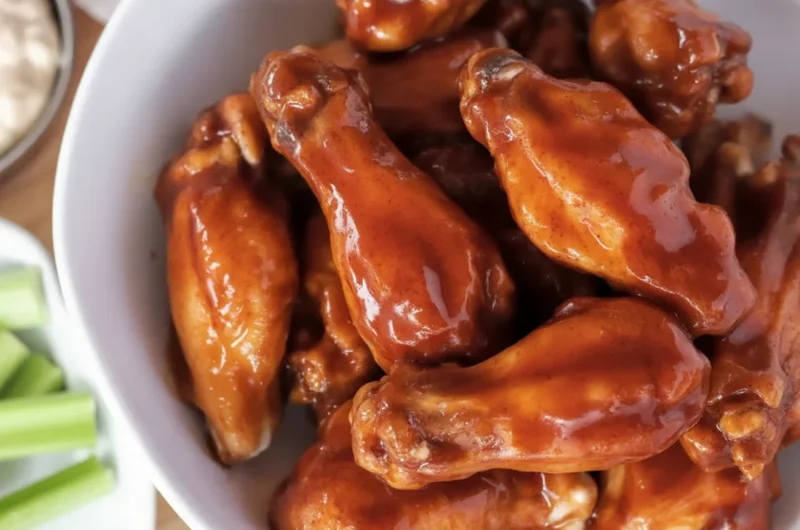 Crispy Buffalo Wings served with tangy sauce and blue cheese dipping sauce.