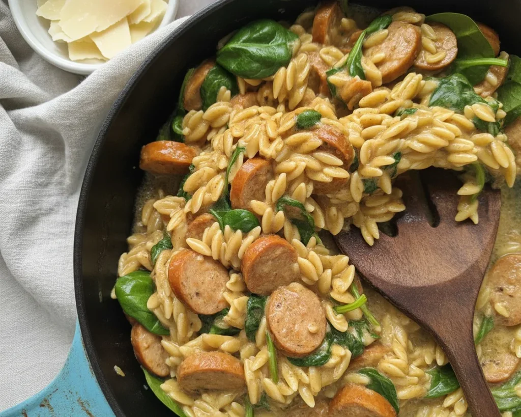 One-pot Chicken Sausage and Broccoli Orzo skillet ready to serve.