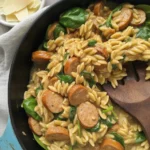 One-pot Chicken Sausage and Broccoli Orzo skillet ready to serve.