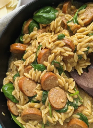 One-pot Chicken Sausage and Broccoli Orzo skillet ready to serve.