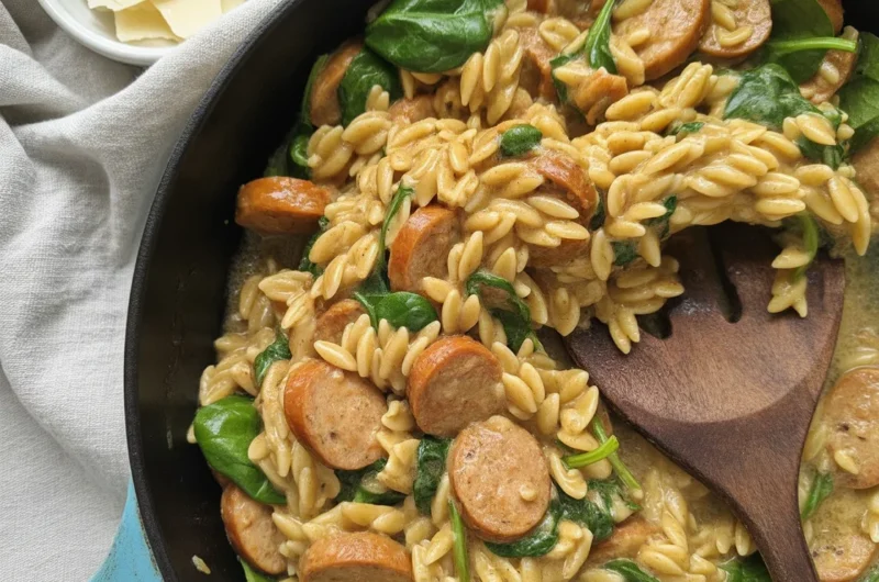 One-pot Chicken Sausage and Broccoli Orzo skillet ready to serve.