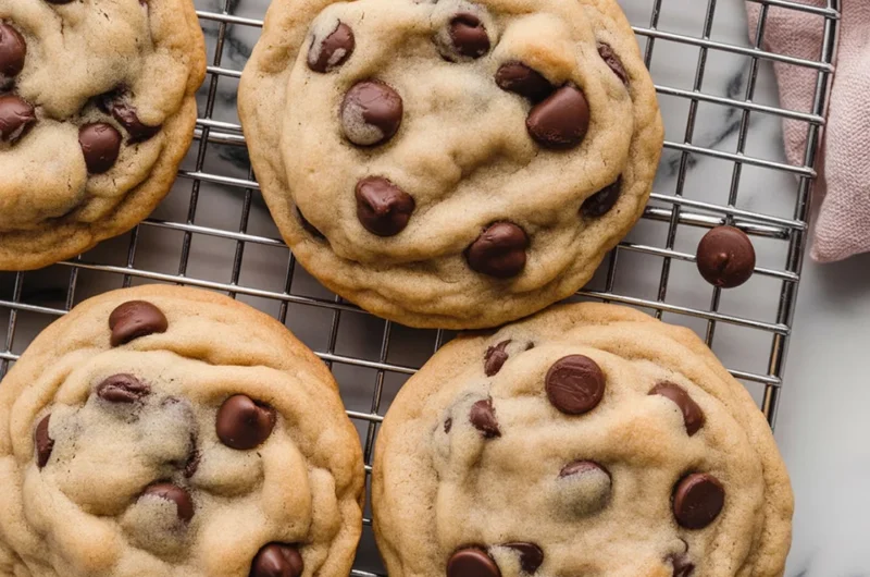 Baking chocolate chip cookie dough on a baking sheet ready for the oven.