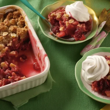 Delicious Cranberry Crisp topped with buttery oats and brown sugar streusel.