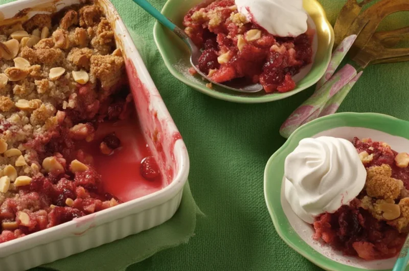 Delicious Cranberry Crisp topped with buttery oats and brown sugar streusel.