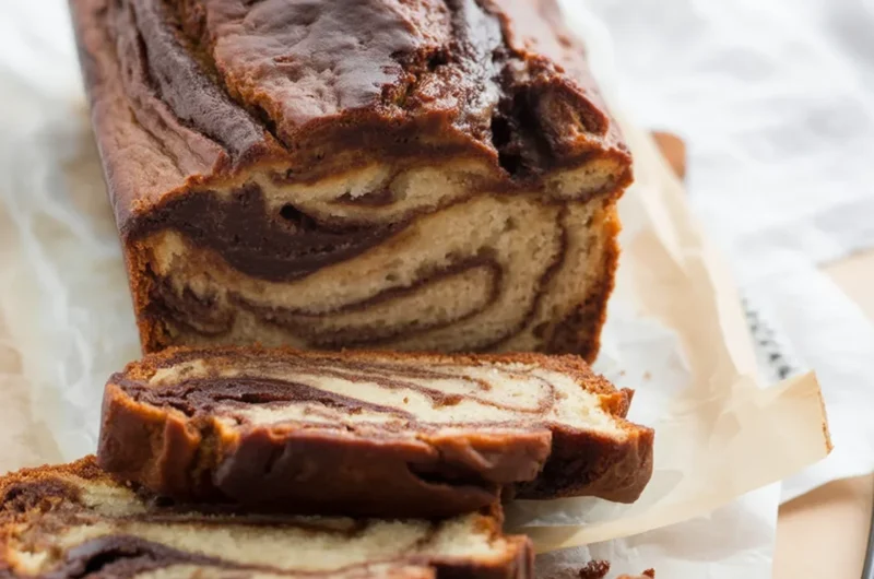 Delicious homemade loaf with a chocolate swirl, perfect for dessert or brunch.