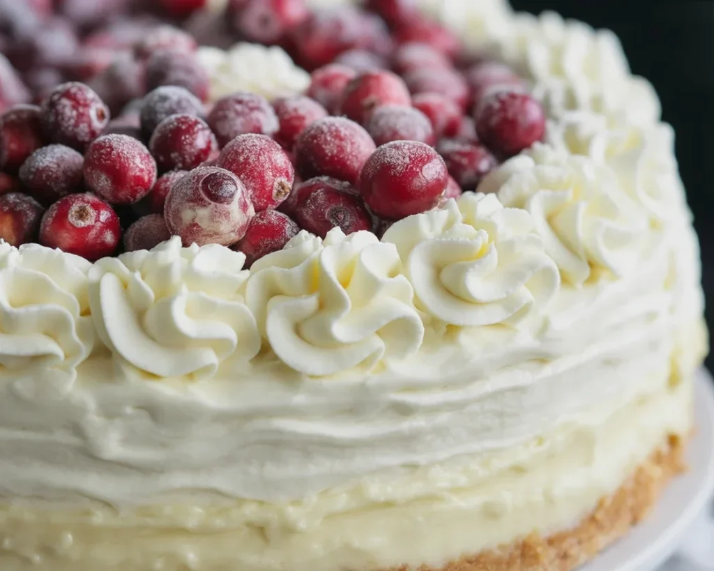 Elegant White Chocolate Cranberry Cheesecake with cranberry jam and white chocolate mousse layers