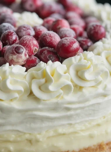 Elegant White Chocolate Cranberry Cheesecake with cranberry jam and white chocolate mousse layers